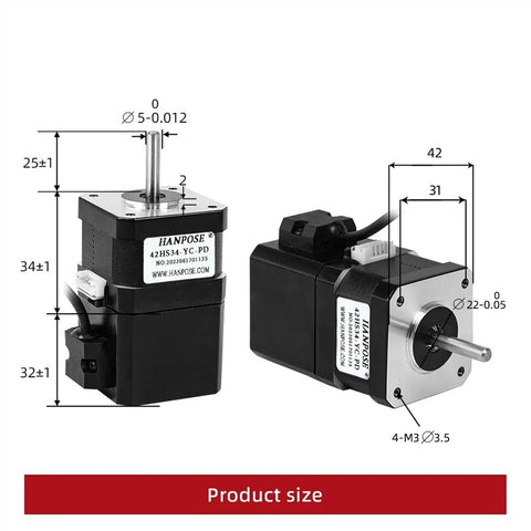 Two Hanpose 12V NEMA17 stepper motors with permanent magnet brakes, front and side views (model 42HS34-YC-PD).