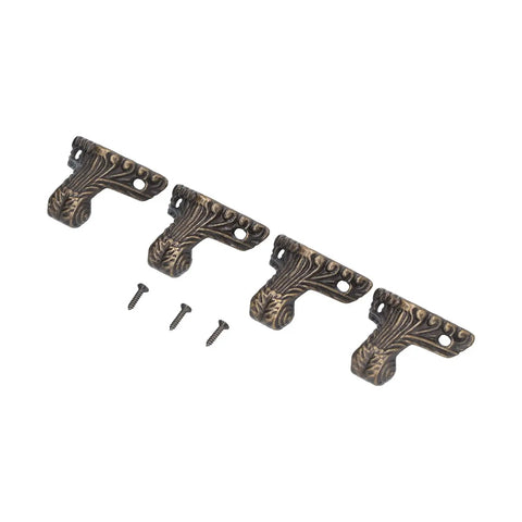 Rustproof Premium Alloy Wood Case Legs With Screws 12 Pack For Jewelry Boxes And Small Furniture Antique Elegant Look Durable Corner Protectors And Edge Decor Easy Install Game Changing DIY Upgrade For Wooden Cabinets in bronze finish with detailed screws.
