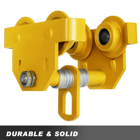 Manual Trolley Built For Heavy Lifting With 6600 Lbs Capacity Up To 3 Tons, Push Beam Trolley in yellow, side view