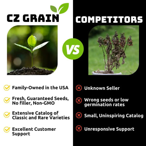 Comparison chart of Buffalo Blend Deer Plot Seed benefits vs competitors showing healthy growth and features.