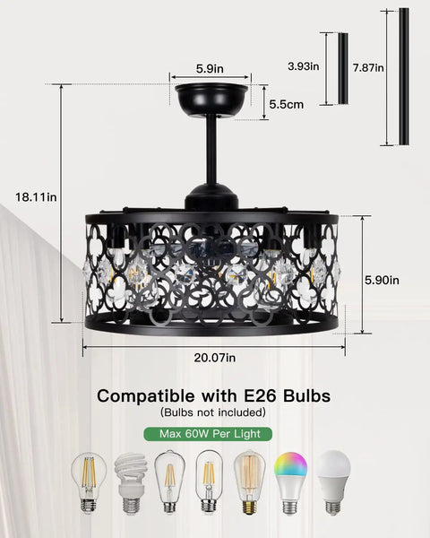Farmhouse Ceiling Fan With Lights 20 Inch Caged Design Reversible Motor Remote Control Low Profile Flush Mount