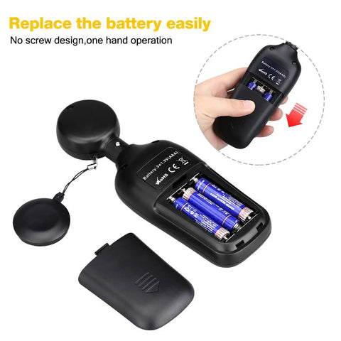 Digital Illuminance Meter Handheld Light Meter with open battery compartment, 3 AAA batteries, and user installing battery cover.