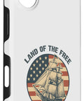 Patriotic Sailboat US Flag Phone Case For iPhone 16 Merica Vibe with nautical ship and flag design, Land of the Free text.