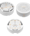 Bullet Camera Junction Box Mount Bracket For Outdoor And Indoor CCTV IP54 Weatherproof Housing With Wire Management Compatible With Arlo And Reolink Solar Panels Easy Install For Dome And Bullet Cameras shown in various views with dimensions, round white design