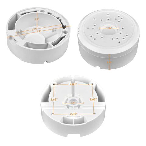 Bullet Camera Junction Box Mount Bracket For Outdoor And Indoor CCTV IP54 Weatherproof Housing With Wire Management Compatible With Arlo And Reolink Solar Panels Easy Install For Dome And Bullet Cameras shown in various views with dimensions, round white design