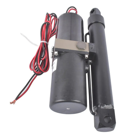 Big Hitter 12V Hydraulic Linear Actuator With 8 Inch Stroke And 1700 Lbs Max Thrust For Heavy Equipment and Garage Builds, top view with wires.