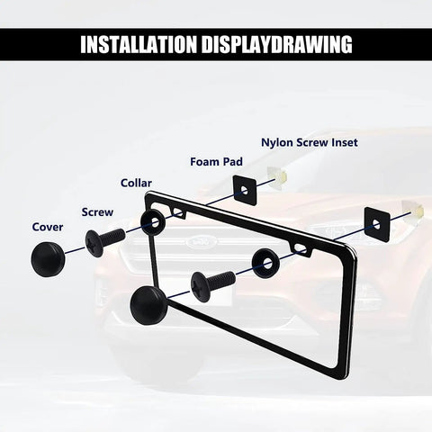 Installation guide for Rustproof License Plate Screws Kit with Anti Theft and Anti Vibration Stainless Steel fasteners in black finish.