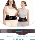 Two women wearing Cordless Heating Massage Belt With 3 Heat Settings And 5 Vibration Modes, showcasing size and fit details.