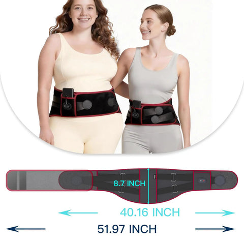 Two women wearing Cordless Heating Massage Belt With 3 Heat Settings And 5 Vibration Modes, showcasing size and fit details.
