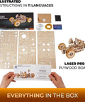 NASA Lunar Rover 3D Wooden Mechanical Puzzle Kit With Rotating And Pivoting Wheels, Spring Driven Motor, Automatic Unfolding, Rubber Tread Traction, Folding Twin Seats For Astronaut Figurines, 319 Parts Totally Epic Build Experience box contents and instructions