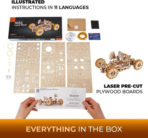 NASA Lunar Rover 3D Wooden Mechanical Puzzle Kit With Rotating And Pivoting Wheels, Spring Driven Motor, Automatic Unfolding, Rubber Tread Traction, Folding Twin Seats For Astronaut Figurines, 319 Parts Totally Epic Build Experience box contents and instructions