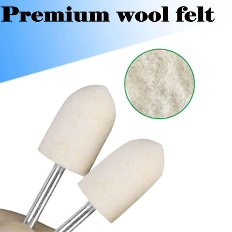Pro Grade Wool Felt Polishing Bits Set for Rotary Tools, close-up of cone shape buffing points with premium wool texture