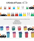 All In One Car Fuses Assortment Kit 250 Piece With Standard And Mini Blade Fuses For Easy DIY Vehicle Repairs And Quick Replacement Includes Fuse Puller For Fast Blown Fuse Fixes, showing four types of car fuses.