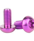 Close-up of 12 Pack Titanium Bolts For Bicycle Disc Brake Rotors T25 Torx M5x10mm Purple, lightweight and corrosion resistant