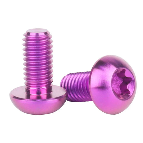 Close-up of 12 Pack Titanium Bolts For Bicycle Disc Brake Rotors T25 Torx M5x10mm Purple, lightweight and corrosion resistant