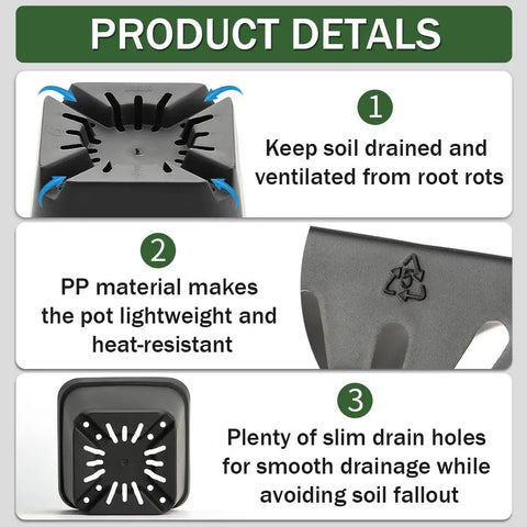 80 Pcs 4 Inch Nursery Pots With Drainage Holes Plastic Seed Starter Pots showing drain holes, PP material symbol, and soil protection features.