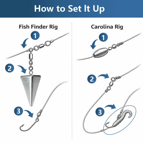 Diagram showing how to set up Fish Finder Rig and Carolina Rig with Six Pack 4 Oz Pyramid Fishing Sinkers For Surf Casting