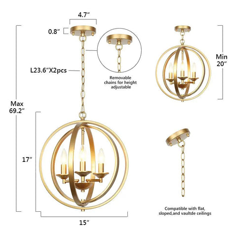 Gold Orb Chandelier With Three Lights Modern Globe Ceiling Fixture dimensions and adjustable chains diagram for various ceilings