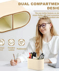 Woman using PU Leather Desk Organizer Caddy With Two Compartments Remote Control Holder Pencil Cup Makeup Brush Holders