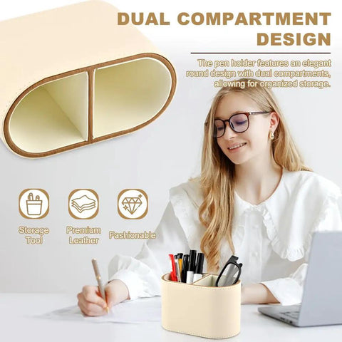 Woman using PU Leather Desk Organizer Caddy With Two Compartments Remote Control Holder Pencil Cup Makeup Brush Holders