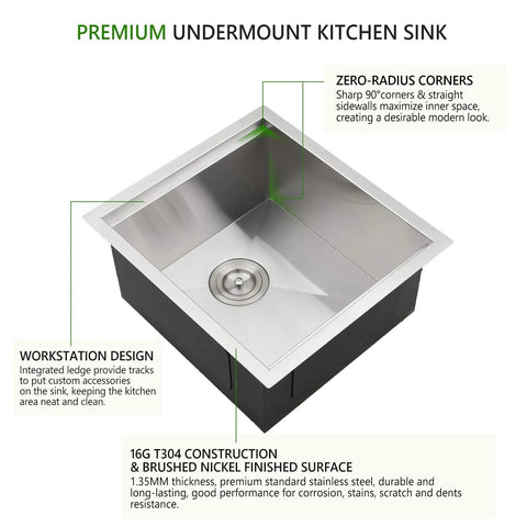 Undermount Bar Sink 13x15 Inches 16 Gauge Stainless Steel Deep Basin Nine Inch Depth With Three And A Half Inch Drain For Garbage Disposal Built Like A Boss For Small Home Bars And Kitchen Prep with zero-radius corners and a brushed nickel finish