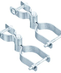 Four Piece Chain Link Fence Gate Hinge Kit With Galvanized Steel Male Post And Female Frame Hinges Fits 2 3/8 Inch OD Male Pipe and 1 3/8 Inch OD Female 5/8 Inch Pin, shown open