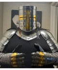 Front view of Medieval Iron Gorget And Spaulders Armor Dope Viking And Crusader Inspired Set For Historical Reenactment Larp Or Display Neck Guard
