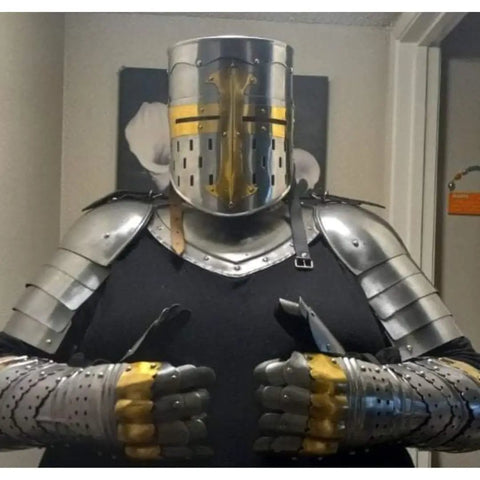 Front view of Medieval Iron Gorget And Spaulders Armor Dope Viking And Crusader Inspired Set For Historical Reenactment Larp Or Display Neck Guard