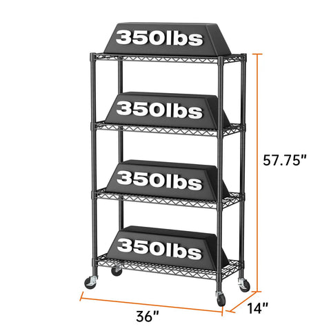 Built Like A Tank Four Tier Heavy Duty Wire Storage Shelves With Wheels For Closet Bathroom Pantry Kitchen Garage And Laundry Room Organization Black Steel Adjustable Height Shelving Unit Each Shelf Holds 350 Pounds Total 1400 Pound Capacity