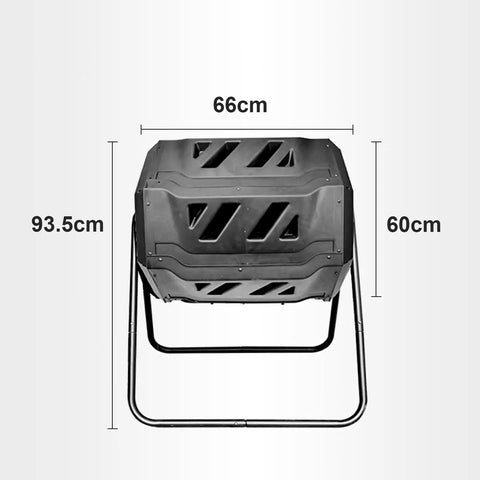 Front view of Dual Chamber 43 Gallon Compost Bin With 360 Degree Tumbling Design Large Outdoor Garden Compost Tumbler dimensions visible