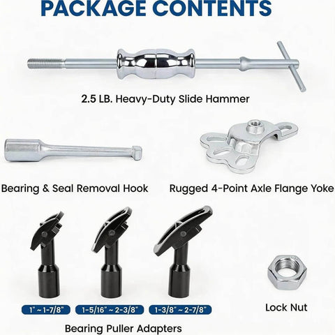 Rear Axle Bearing Removal Tool Kit With Slide Hammer And Adapters, Bearing Puller Set With Yoke, locknut, hook, and adapters.