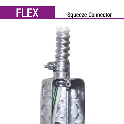 ProConnex 1/2 In Flex Squeeze Conduit Connector Fitting For AC MC FMC RWFMC Termination Zinc Die Cast 25 Pack UL CSA Listed TriCombo Screw Quick Install Works With Aluminum Or Steel 6/3 AC And MC installed on metal box
