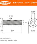 Diagram of Size Ten By Thirty Two Threads Per Inch Button Head Socket Cap Screws 304 Stainless Steel with dimensions.