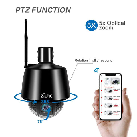 1080P Wireless Outdoor Security Camera With Night Vision And Auto Tracking Pan Tilt Zoom 355 Degree Horizontal And 75 Degree Vertical Coverage 5X Optical Zoom Remote Access IP65 Weatherproof Motion Alerts No Hassle Home Setup illustration with mobile app control.