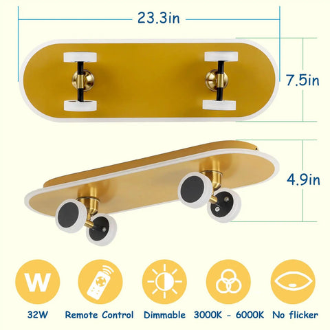 Skateboard LED Ceiling Light Fixture 32W Dimmable With Remote For Kids Room in gold with dimensions and features highlighted.