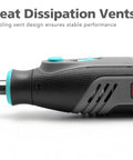 Close-up of cooling vent design on Ready To Rock 101 Piece Mini Cordless Rotary Tool Kit featuring 4V high torque motor.