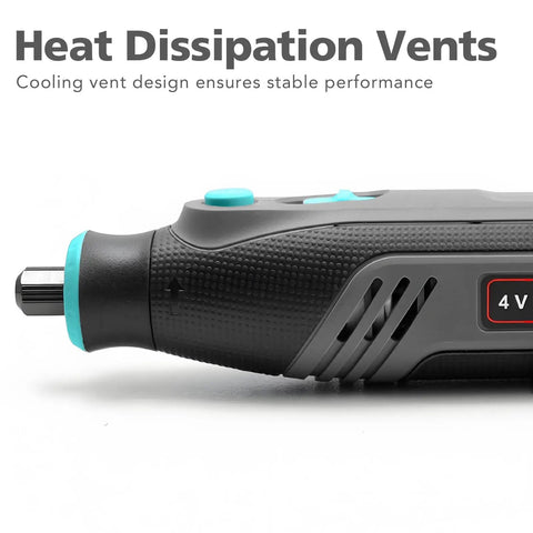 Close-up of cooling vent design on Ready To Rock 101 Piece Mini Cordless Rotary Tool Kit featuring 4V high torque motor.