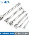 Heavy Duty M20 316 Stainless Steel Turnbuckle Cable Wire Rope Tensioner Tightener with multiple sizes for marine use.