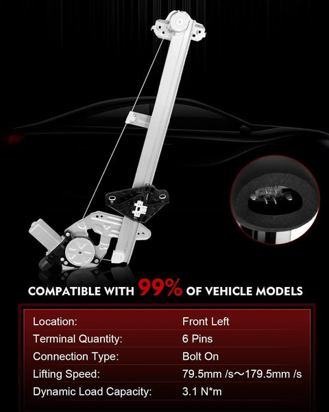 Front Left Driver Side Power Window Regulator And Motor Assembly Fits Honda Fit 2009 To 2014 with 6 Pin Connector and smooth lift.