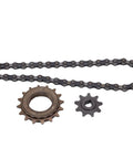 Beefy Mountain Bike Chain Kit With 16 Tooth Sprocket 9 Tooth Gear And 38 Link Chain for bike modifications, steel components shown.