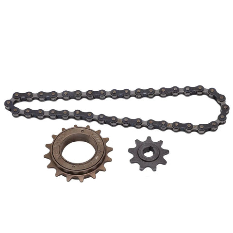 Beefy Mountain Bike Chain Kit With 16 Tooth Sprocket 9 Tooth Gear And 38 Link Chain for bike modifications, steel components shown.