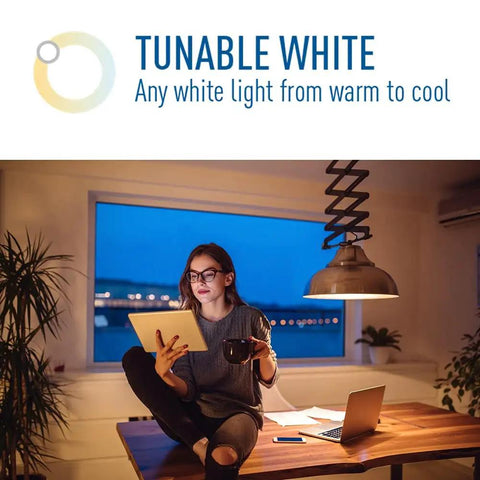 Woman using tablet with Smart LED Vintage Glass Filament B11 Bulb 40W Equivalent Tunable White 2200K To 6500K light, evening