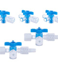 Five blue disposable medical three-way stopcocks with clear connectors and blue handles