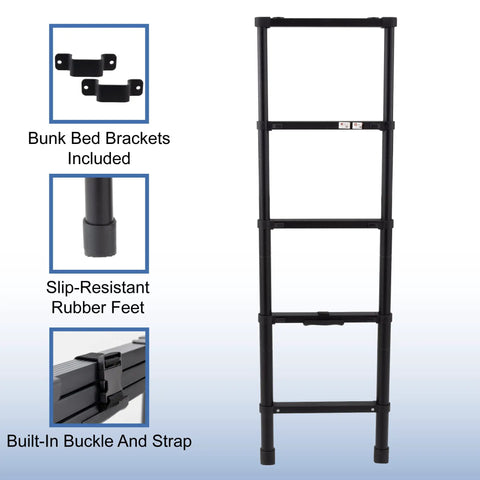RV Telescoping Bunk Bed Ladder With Mounting Brackets Lightweight Aluminum Collapsible Construction 60 Inch Reach 300 LB Capacity No Fuss Fold And Stow For Campers, black ladder with brackets and rubber feet