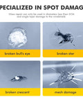 Windshield Repair Kit With UV Curing Light For Chips And Cracks All In One Auto Glass Repair Tool Nano Glass Repair Fluid Fix Bulls Eye And Star Shaped Cracks Quickly For Quick Results At Home displaying four types of windshield damage: bull's eye, star, crescent, and mesh.