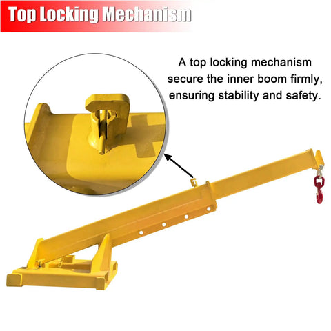 Professional Forklift Telescopic Boom Crane Attachment Hoisting 11000 Lbs Without Sweat Includes Heavy Duty Lifting Hook And 96 Inch Adjustable Reach For Rough Daily Grinds top locking mechanism securing inner boom for stability.