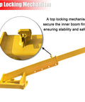 Heavy Hitter 4 Ton Telescopic Forklift Jib Boom Attachment showcasing top locking mechanism for stability and safety.
