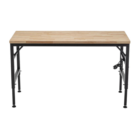 Heavy Duty Adjustable Height Workbench With Built In Power Outlets And Solid Rubber Wood Top Rock Solid Two Thousand Pound Capacity Garage Beast For Shop Projects And Buildouts - front view showcasing black steel frame and rubber wood top.