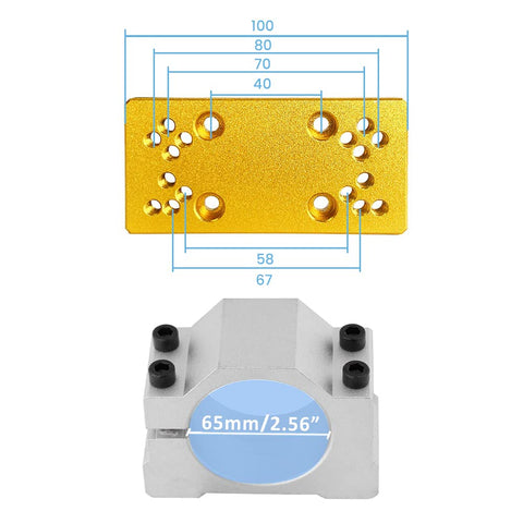 CNC Aluminum Z Axis Spindle Motor Mount 85mm Stroke 800W Spindle Holder, top and side view showing dimensions, 65mm diameter.