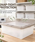 Crushing Clutter Game Changer Heavy Duty Plastic Storage Totes With Secure Snap On Lids 6 Pack showing snap-tight protection for moisture.